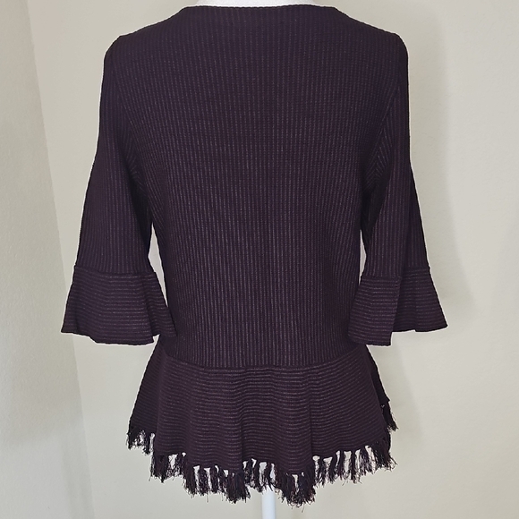 Ann Taylor Purple/Navy Stripe Peplum Sweater Bell Sleeves Fringe Hem Sz M - Picture 6 of 10